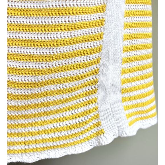 TALBOTS M Crewneck Knit Sweater Scallop Trim Yellow White Stripe Preppy Coastal - Picture 6 of 12